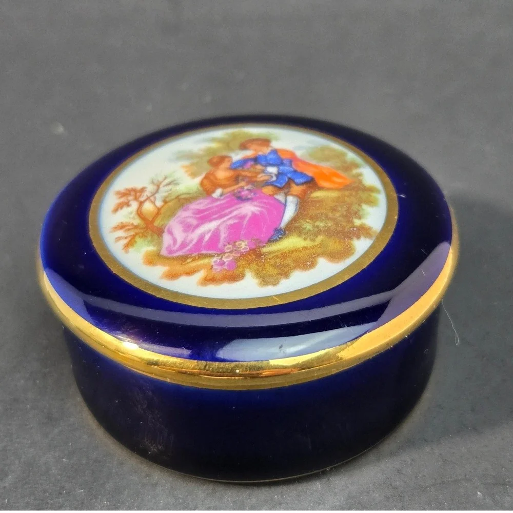 Limoges France Cobalt Blue Porcelain Trinket Box Fragonard Courting Couple